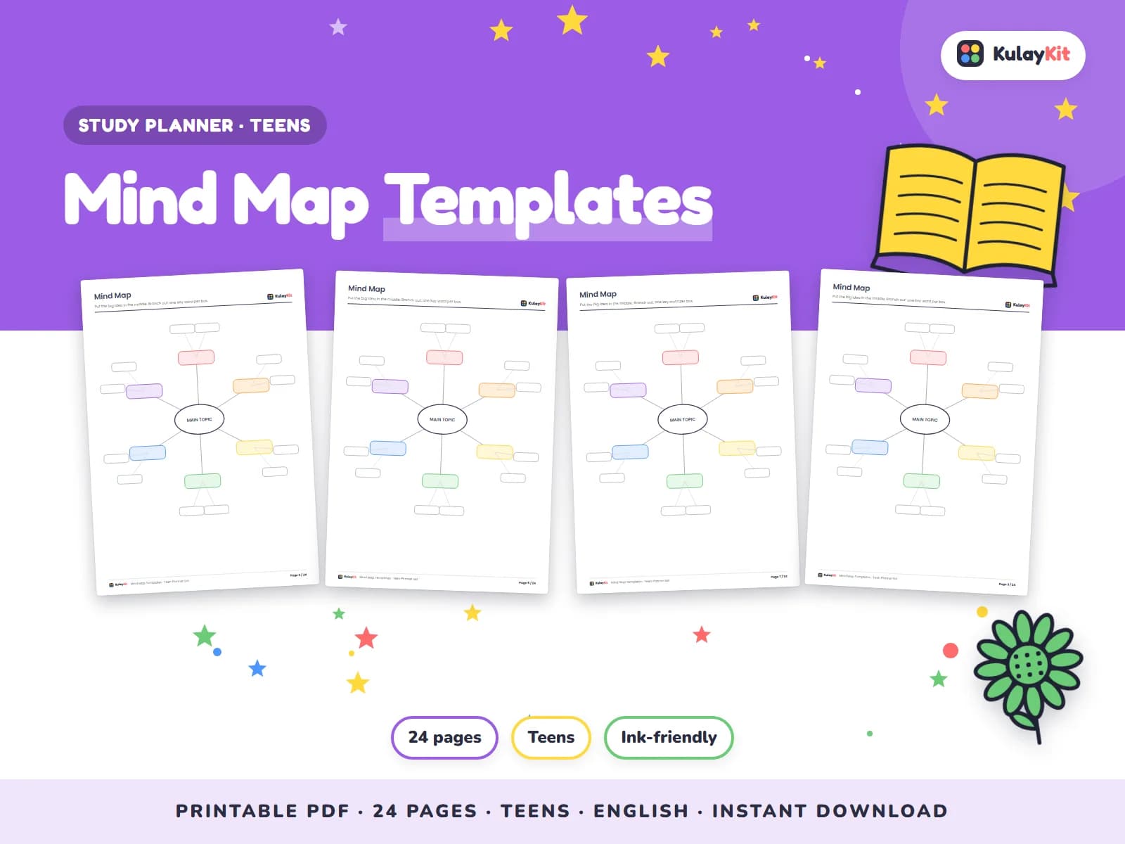 Cover of Mind Map Templates, a printable pack for teens ages 12 to 17, showing four of its pages