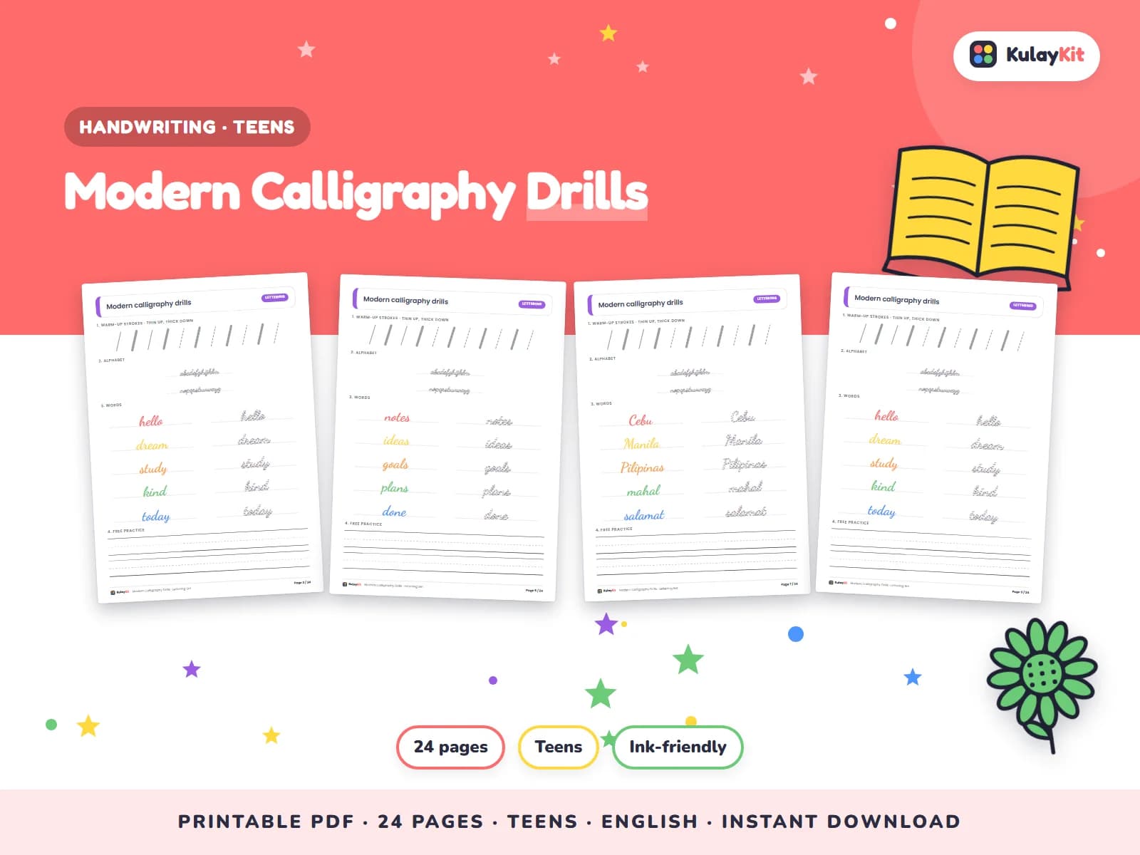 Cover of Modern Calligraphy Drills, a printable pack for teens ages 12 to 17, showing four of its pages