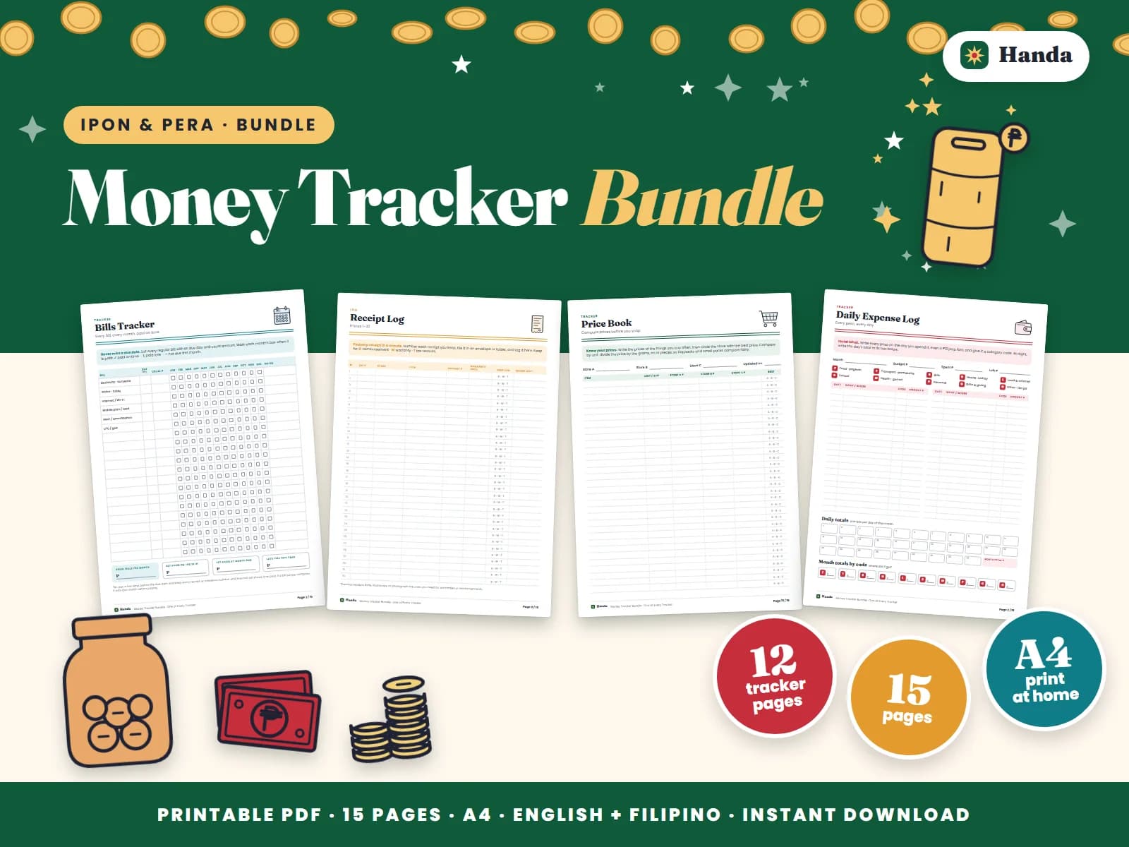 Cover of Money Tracker Bundle, a printable money tracker showing four of its pages