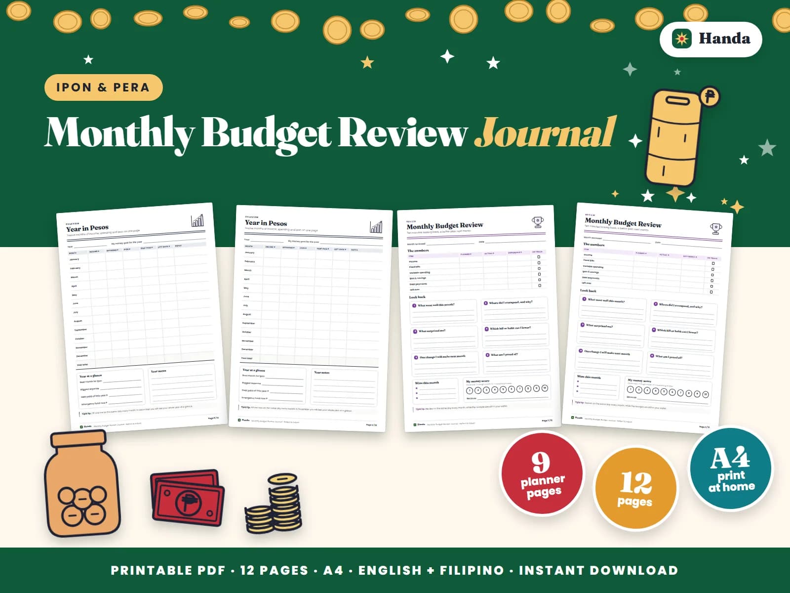 Cover of Monthly Budget Review Journal, a printable budget planner showing four of its pages