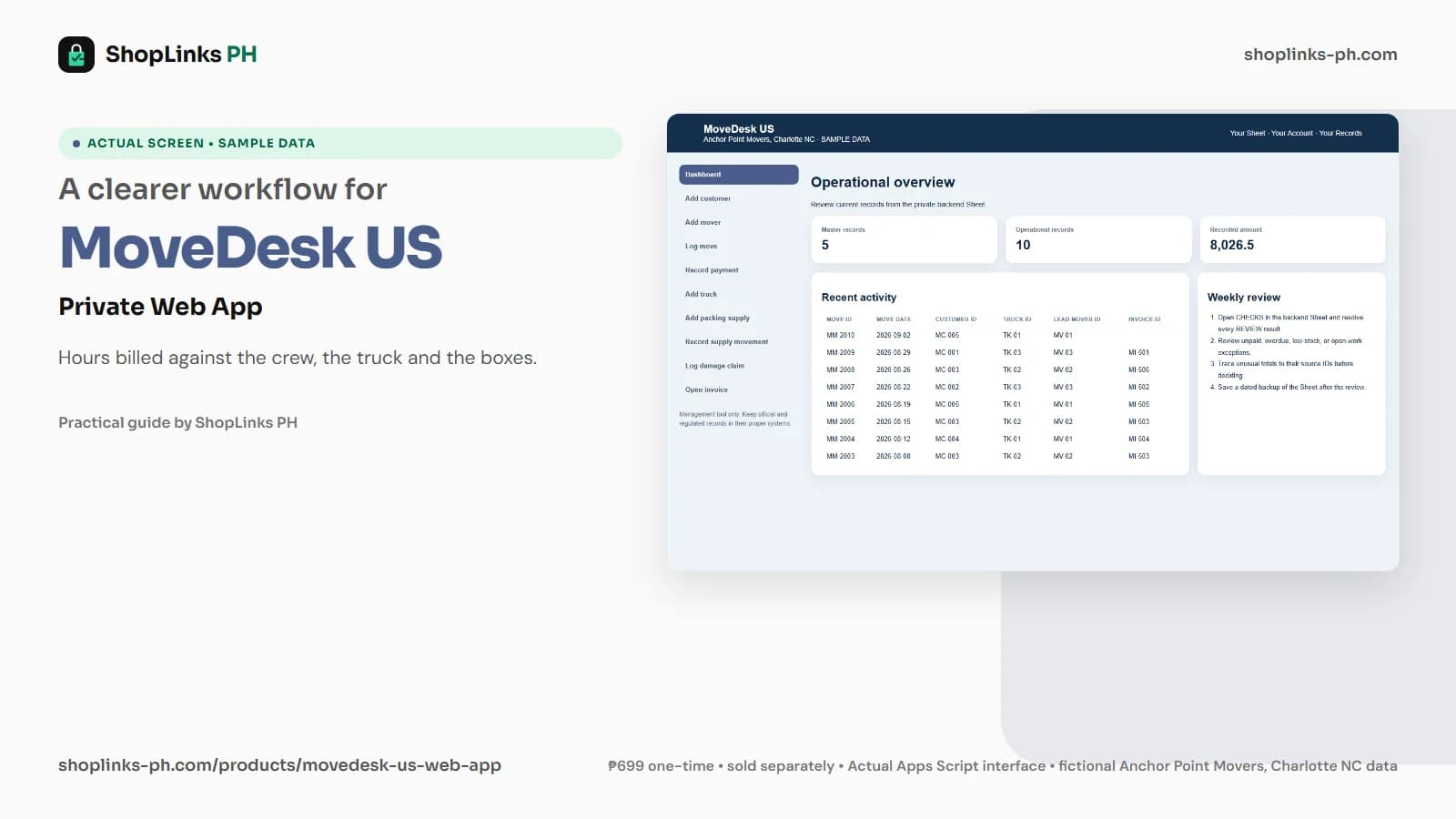 MoveDesk US Private Google Sheets Web App dashboard using fictional sample data