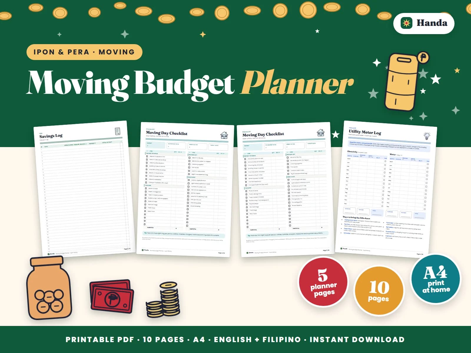 Cover of Moving Budget Planner, a printable budget planner showing four of its pages