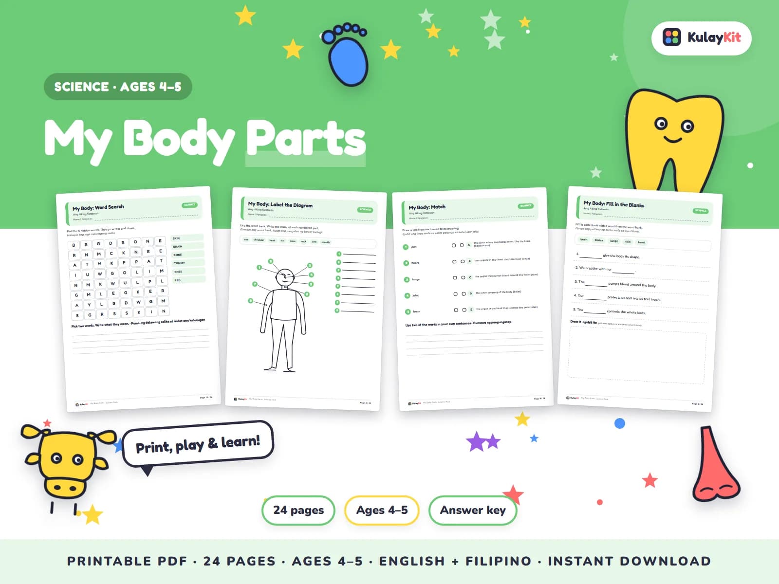 Cover of My Body Parts, a printable pack for preschoolers ages 4 to 5, showing four of its pages