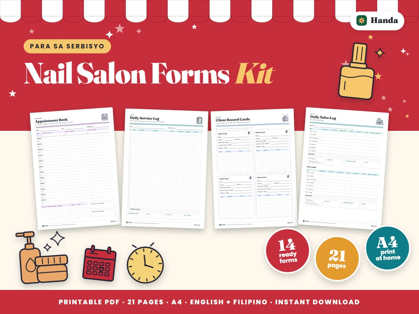 Cover of Nail Salon Forms Kit, a printable service business forms kit showing four of its pages