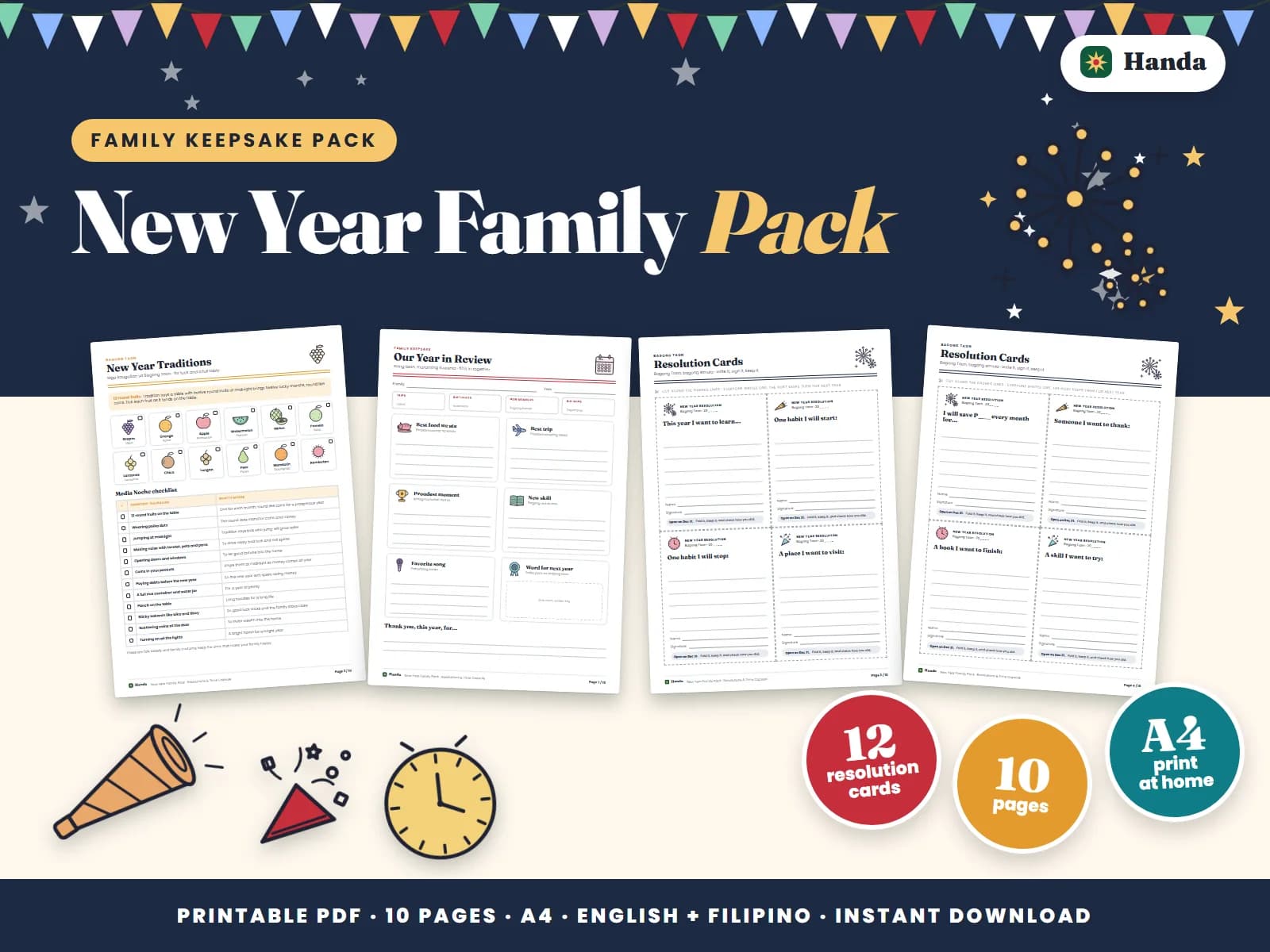 Cover of New Year Family Pack, a printable family activity pack showing four of its pages