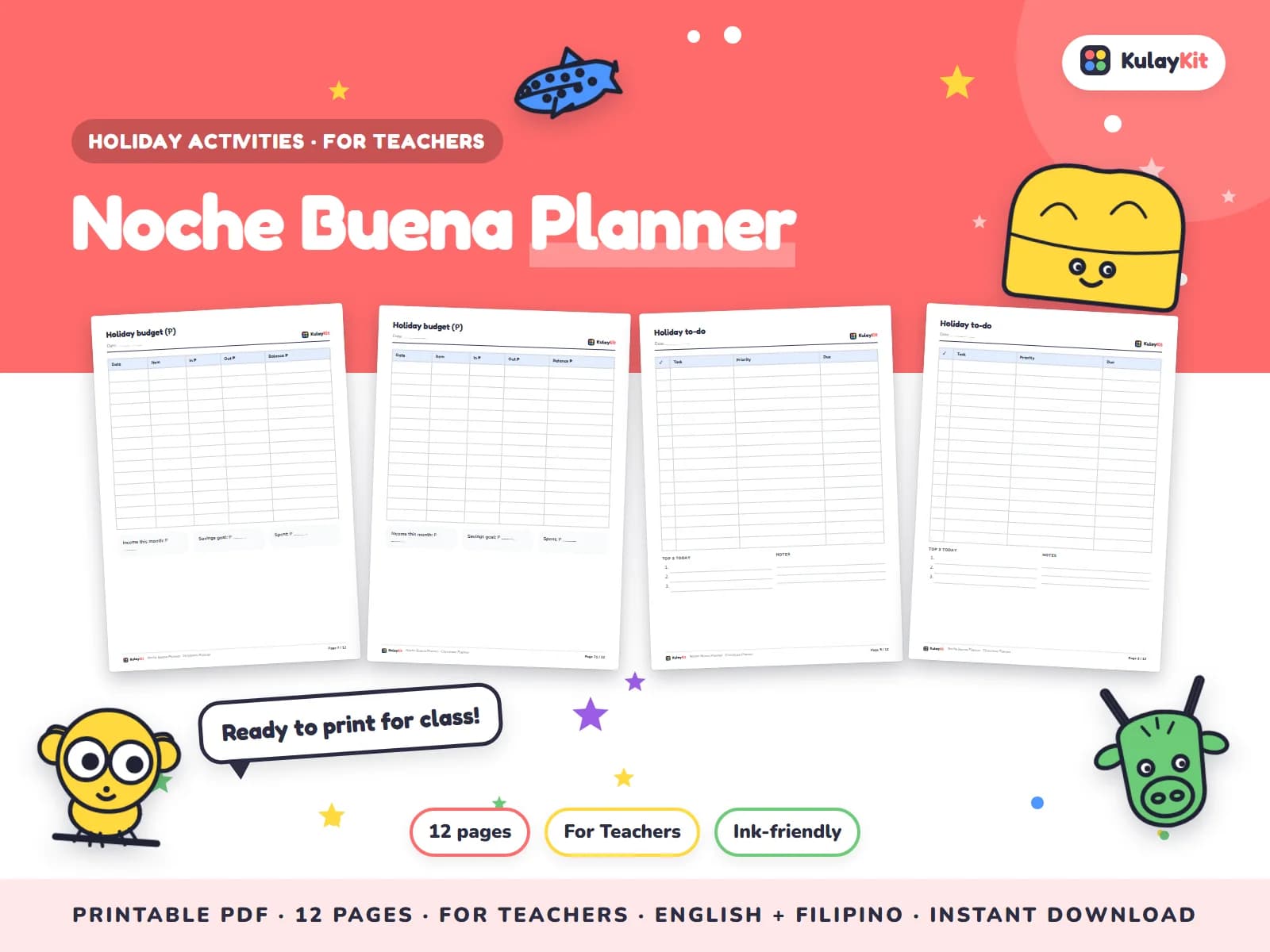 Cover of Noche Buena Planner, a printable pack for teachers and parents, showing four of its pages