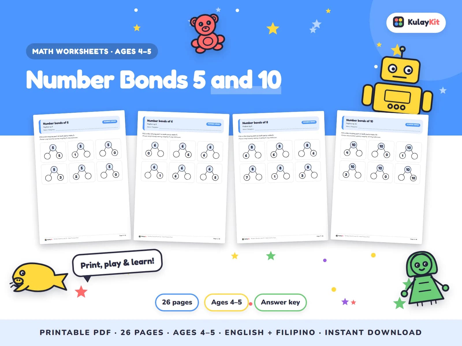 Cover of Number Bonds 5 and 10, a printable pack for preschoolers ages 4 to 5, showing four of its pages