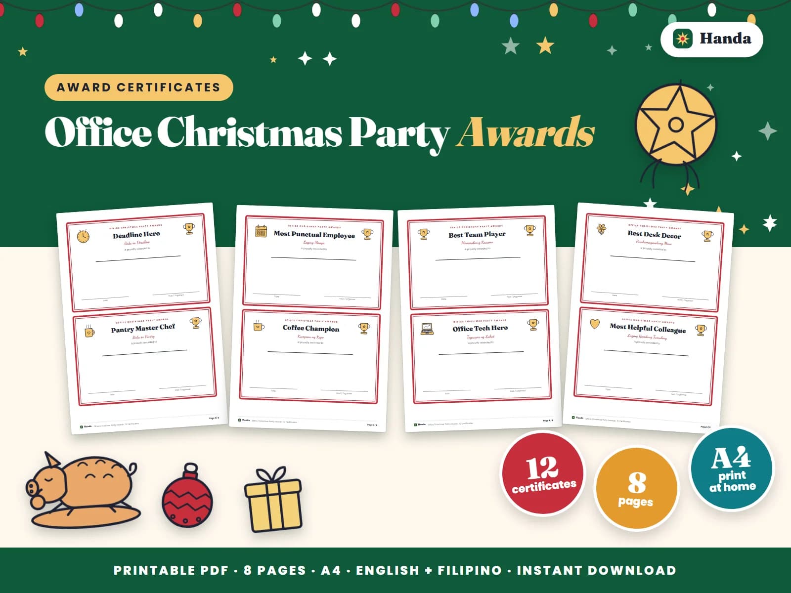 Cover of Office Christmas Party Awards, a printable award certificate set showing four of its pages