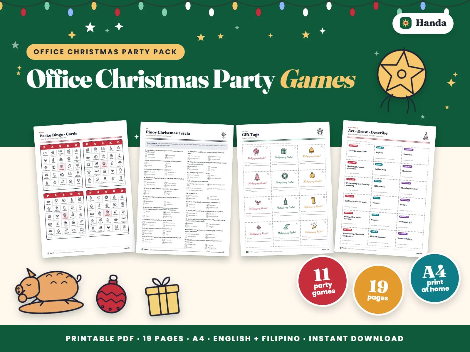 Cover of Office Christmas Party Games, a printable party games pack showing four of its pages