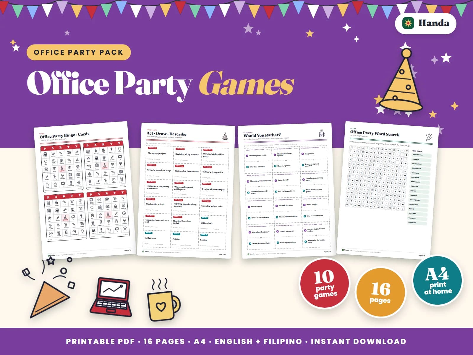 Cover of Office Party Games, a printable party games pack showing four of its pages