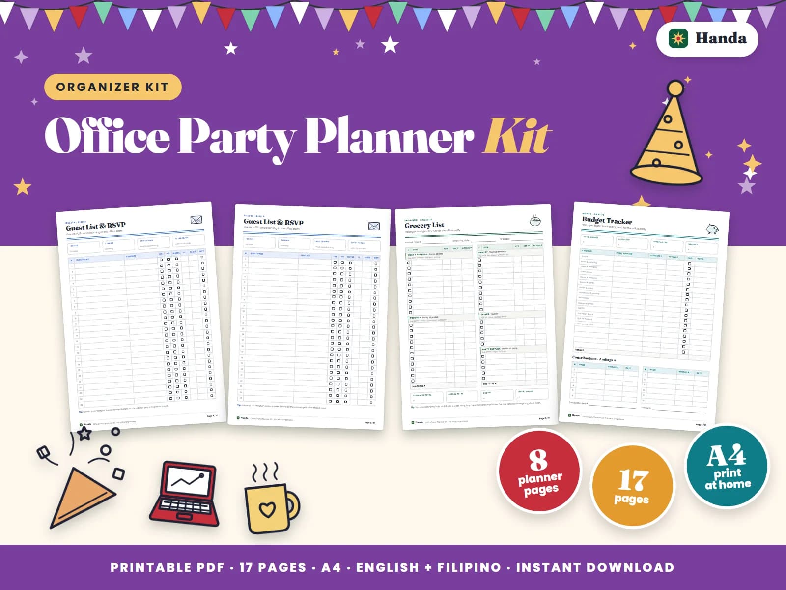 Cover of Office Party Planner Kit, a printable party planner kit showing four of its pages