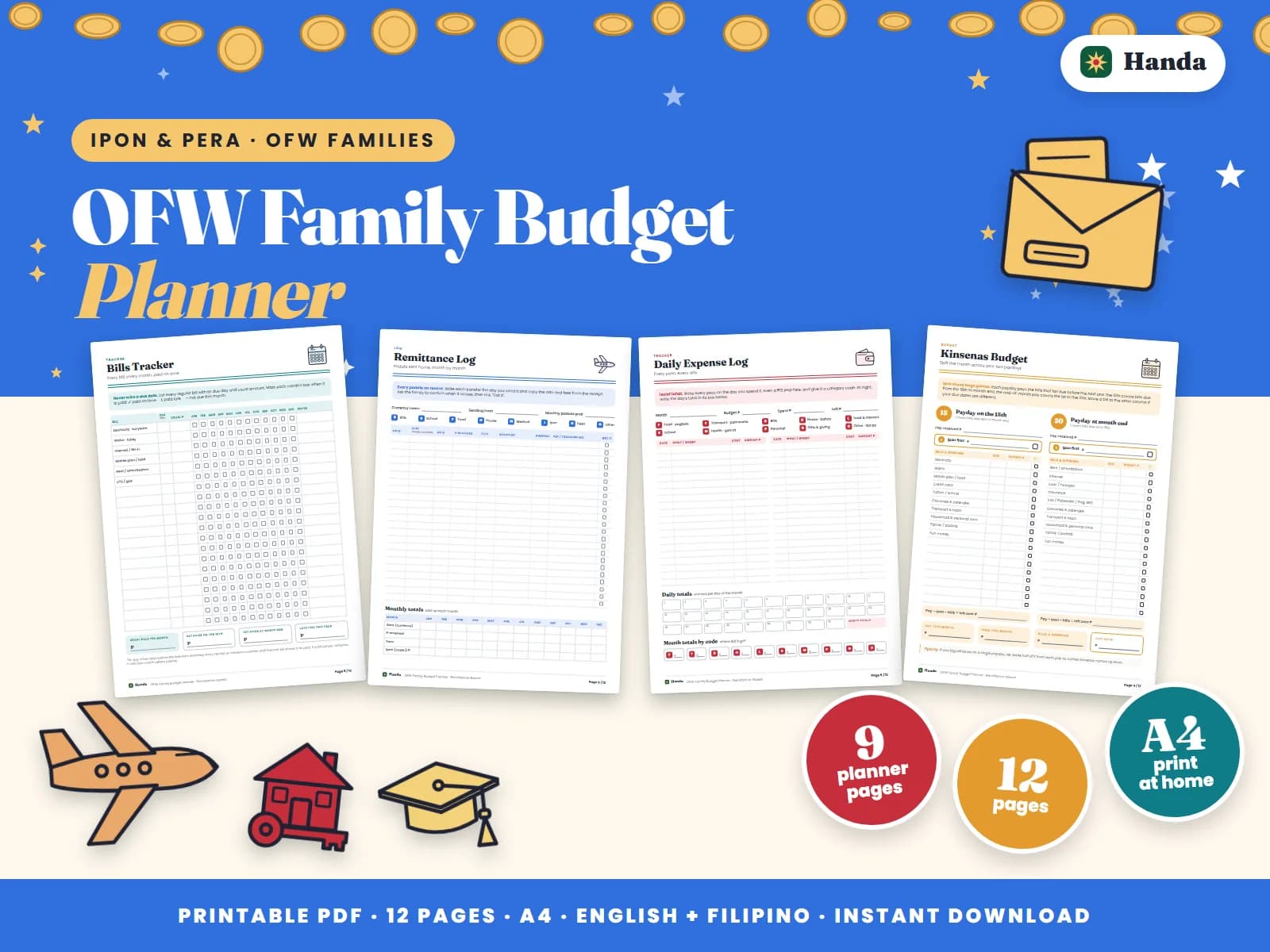 Cover of OFW Family Budget Planner, a printable budget planner showing four of its pages