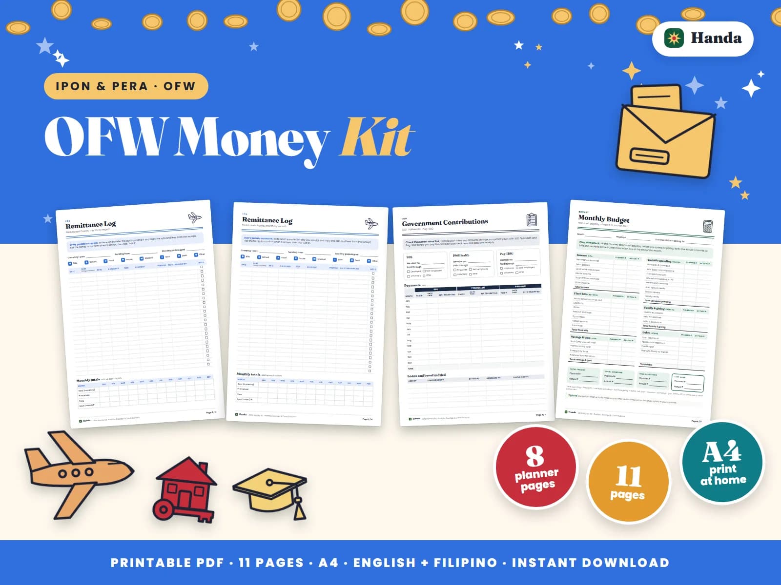 Cover of OFW Money Kit, a printable money tracker showing four of its pages