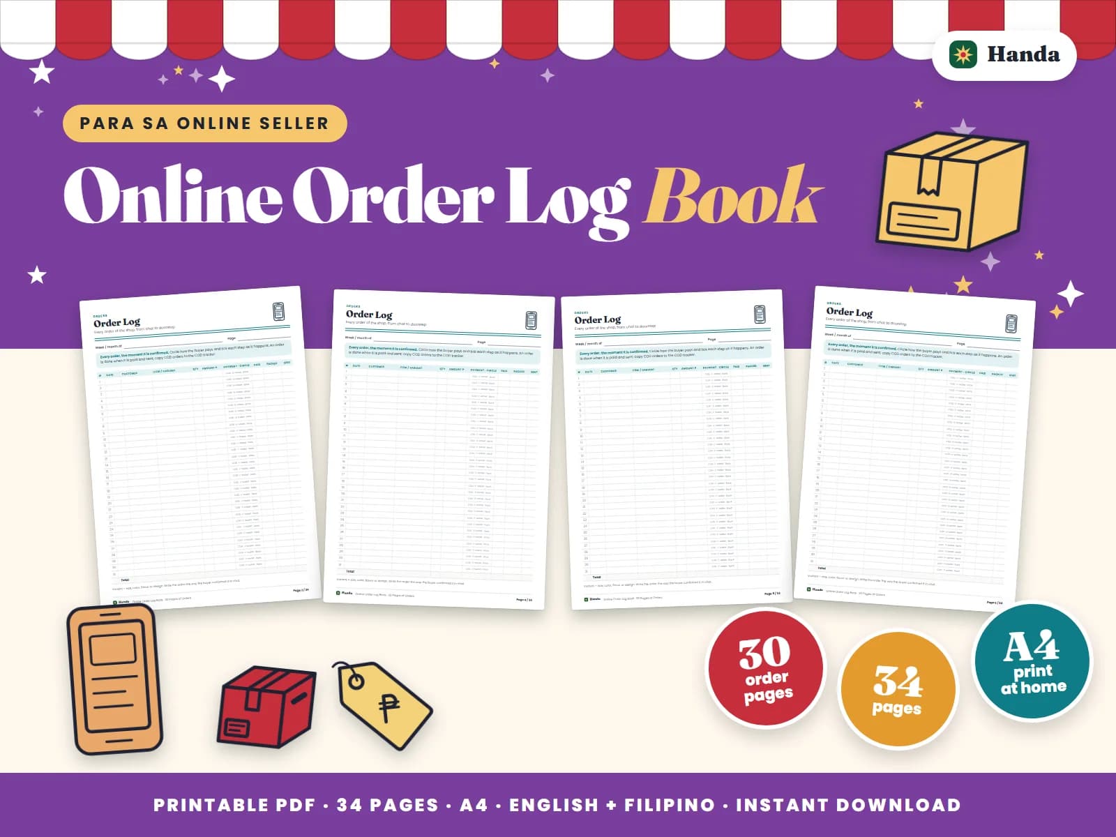 Cover of Online Order Log Book, a printable record book showing four of its pages