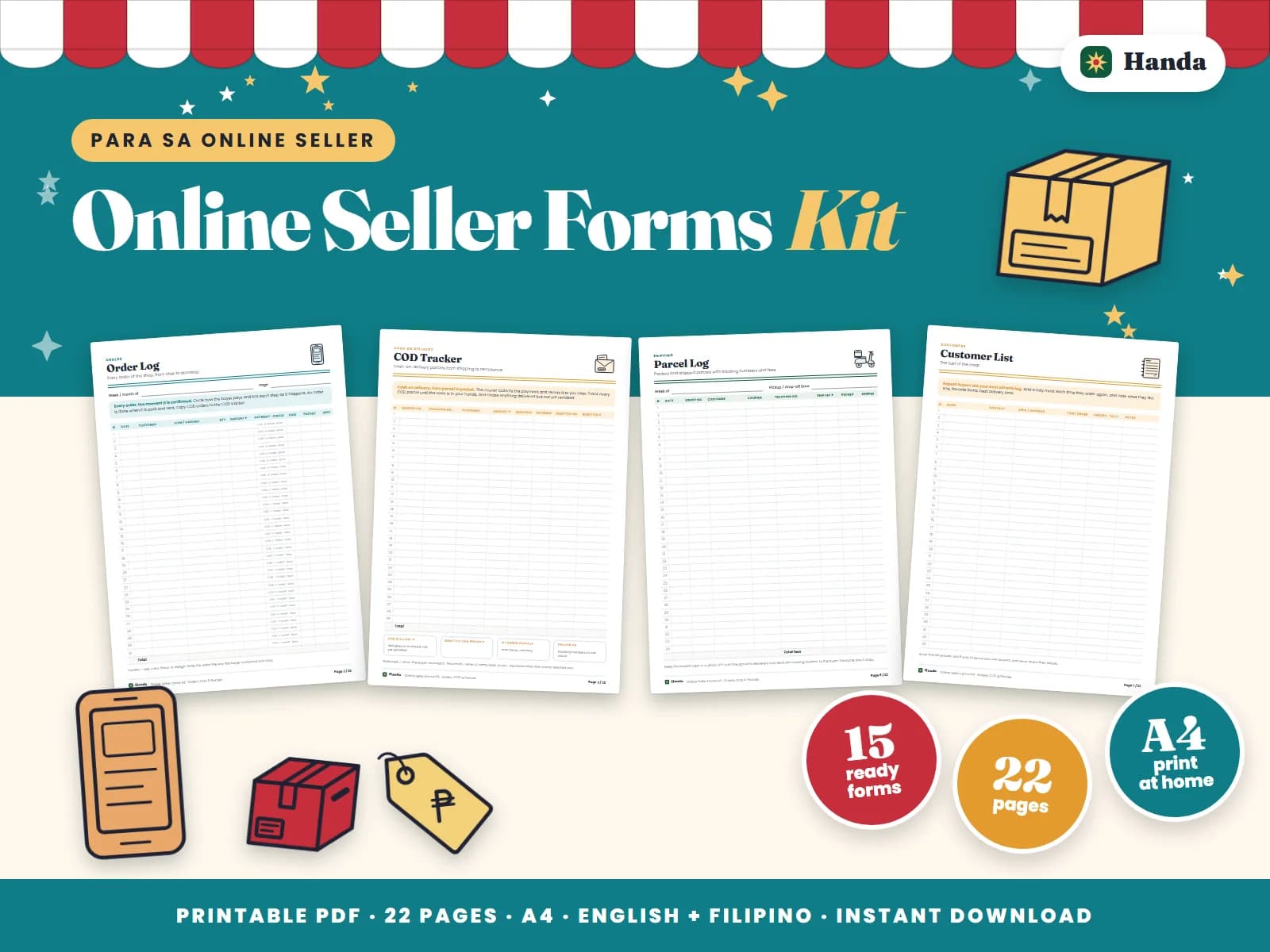 Cover of Online Seller Forms Kit, a printable online seller forms kit showing four of its pages