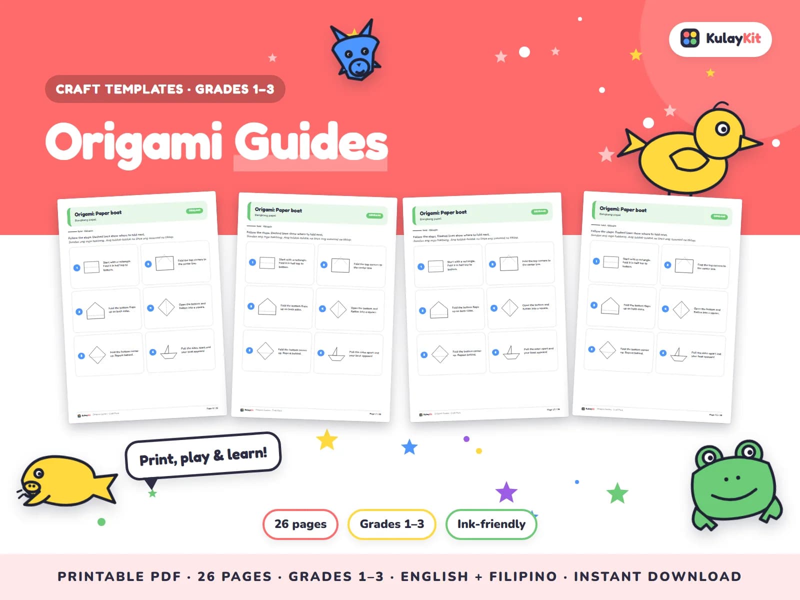 Cover of Origami Guides, a printable pack for kids in Grades 1 to 3, showing four of its pages