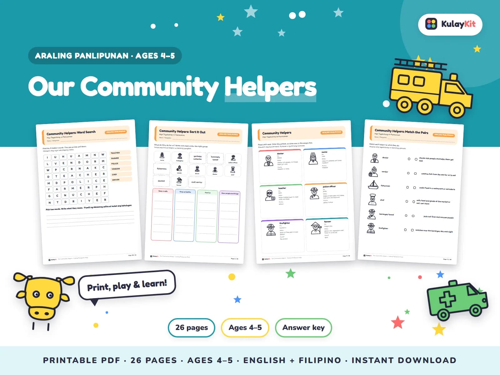 Cover of Our Community Helpers, a printable pack for preschoolers ages 4 to 5, showing four of its pages