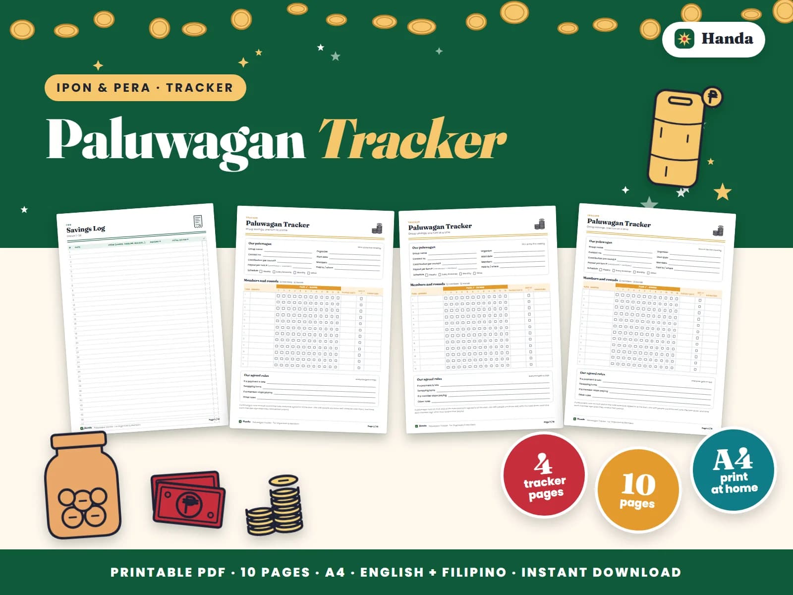 Cover of Paluwagan Tracker, a printable money tracker showing four of its pages