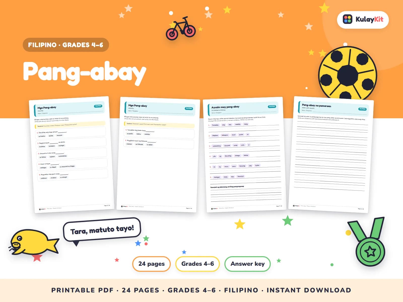 Cover of Pang-abay, a printable pack for kids in Grades 4 to 6, showing four of its pages