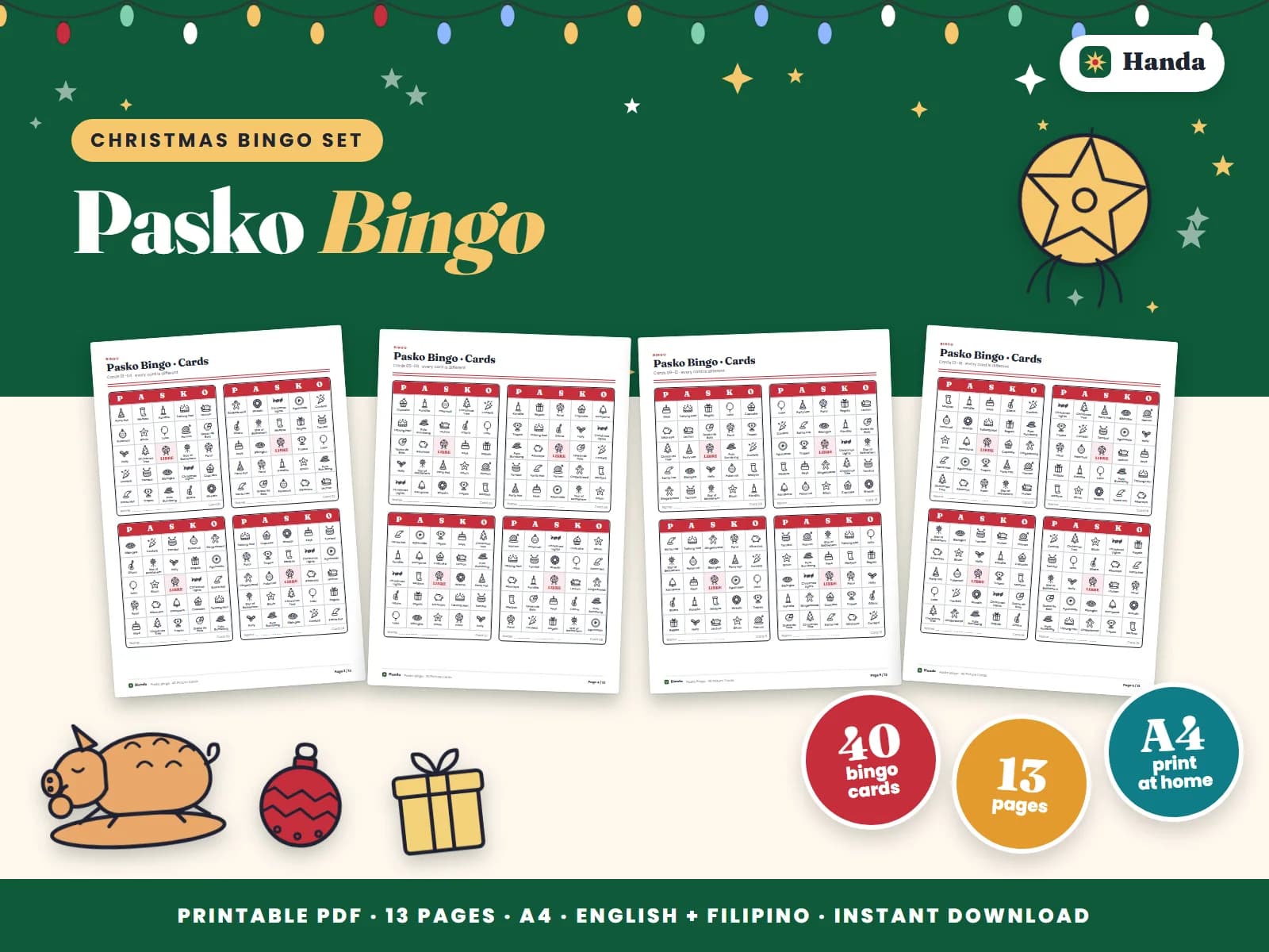 Cover of Pasko Bingo, a printable bingo set showing four of its pages