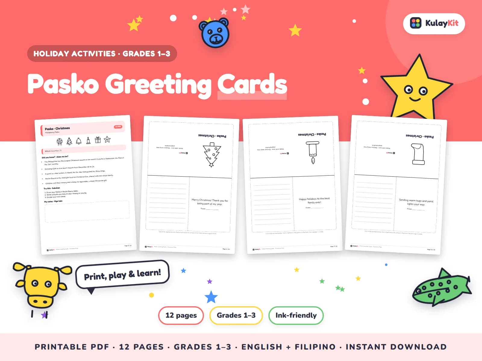 Cover of Pasko Greeting Cards, a printable pack for kids in Grades 1 to 3, showing four of its pages