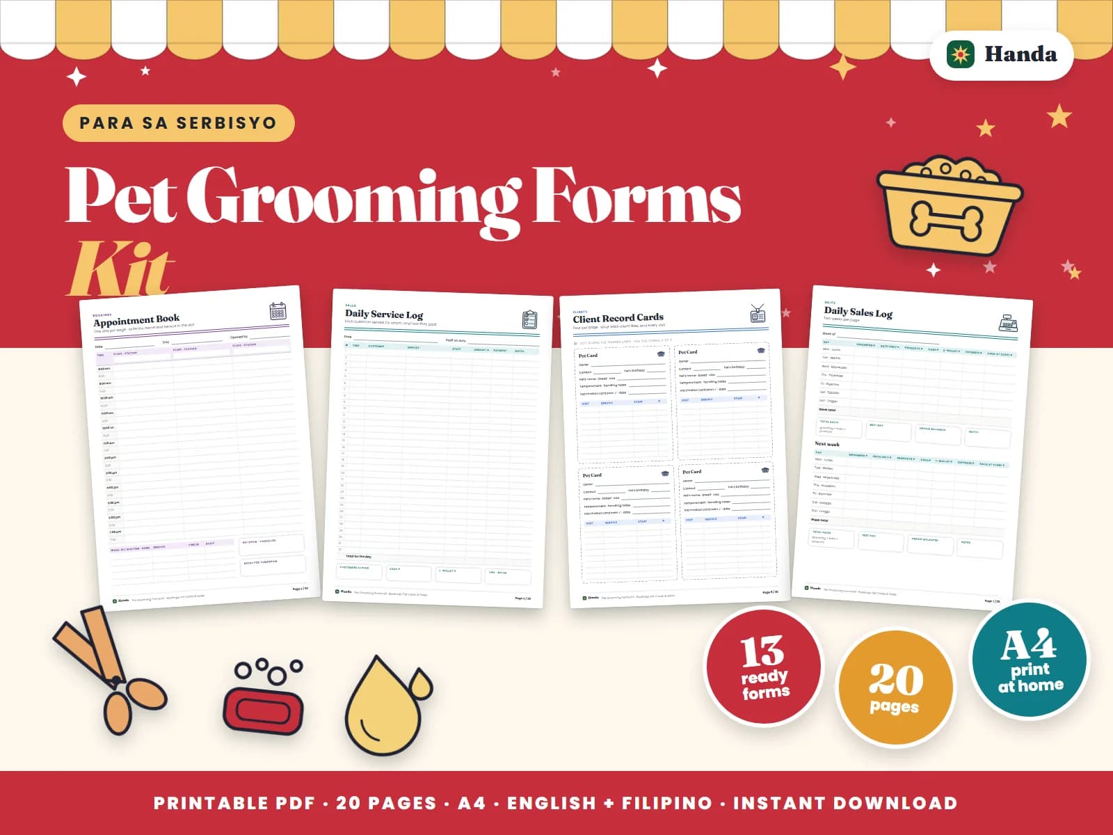Cover of Pet Grooming Forms Kit, a printable service business forms kit showing four of its pages