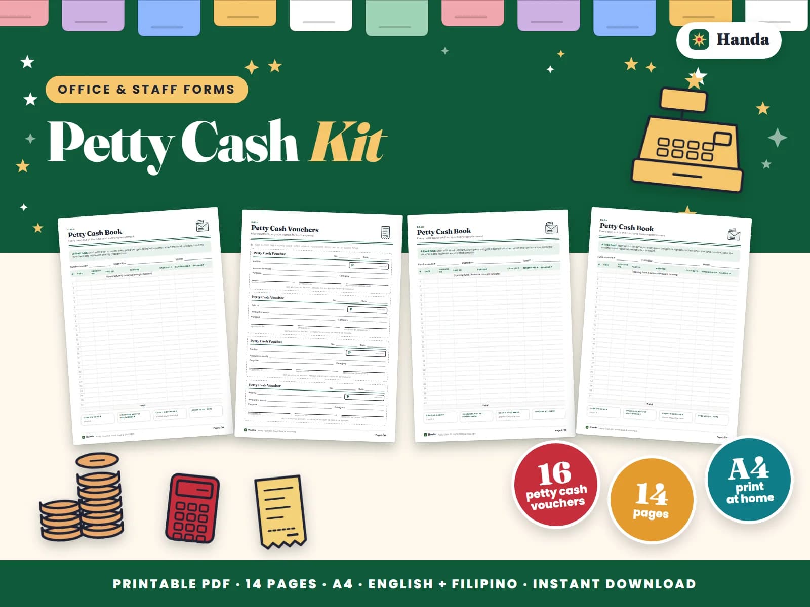 Cover of Petty Cash Kit, a printable office forms pack showing four of its pages