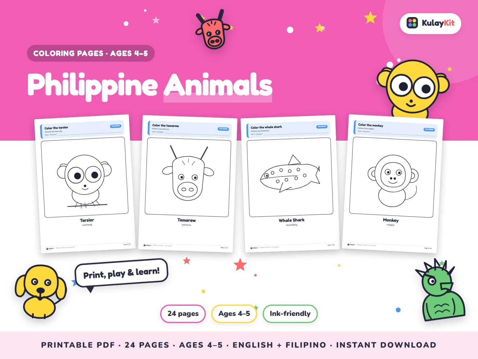Cover of Philippine Animals, a printable pack for preschoolers ages 4 to 5, showing four of its pages
