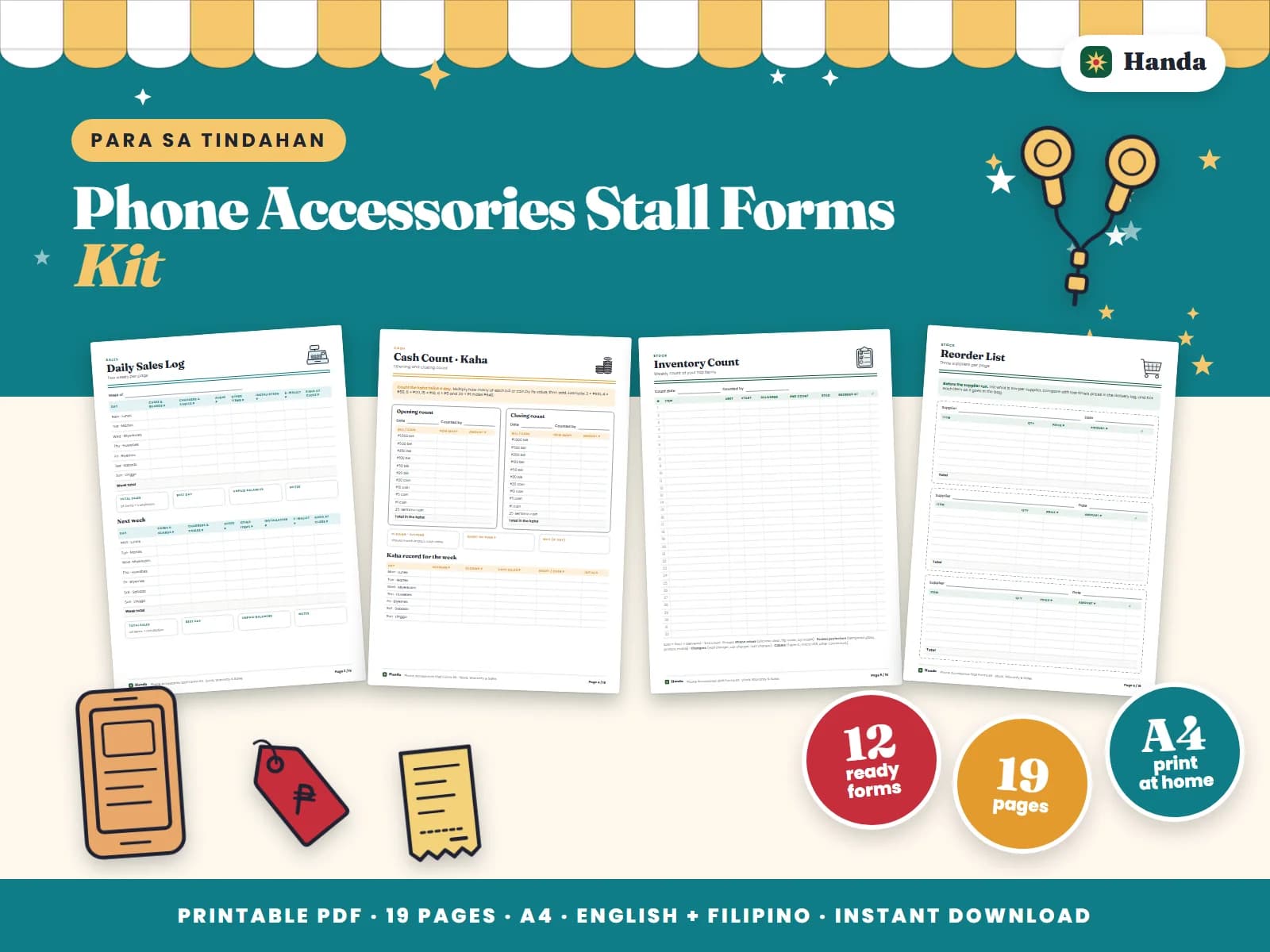 Cover of Phone Accessories Stall Forms Kit, a printable store forms kit showing four of its pages