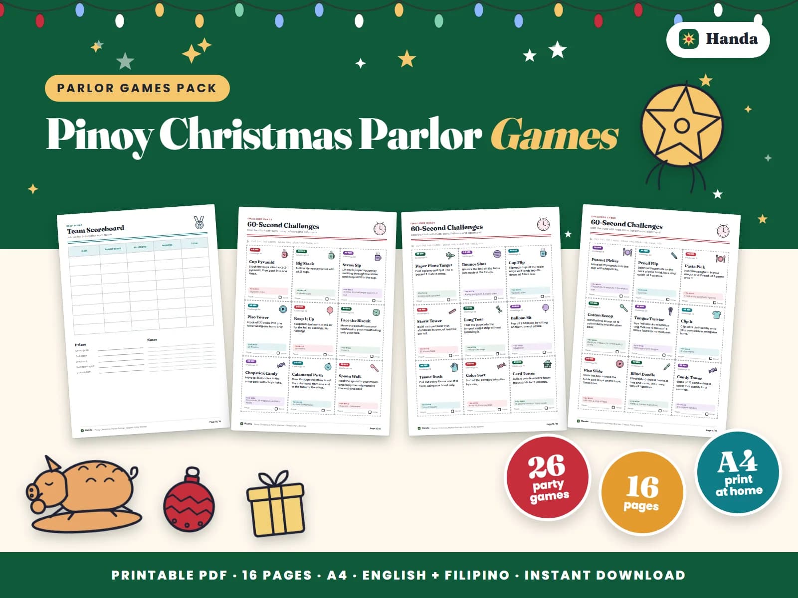 Cover of Pinoy Christmas Parlor Games, a printable parlor games pack showing four of its pages