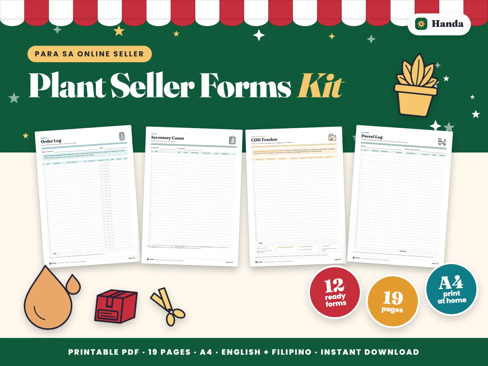 Cover of Plant Seller Forms Kit, a printable online seller forms kit showing four of its pages
