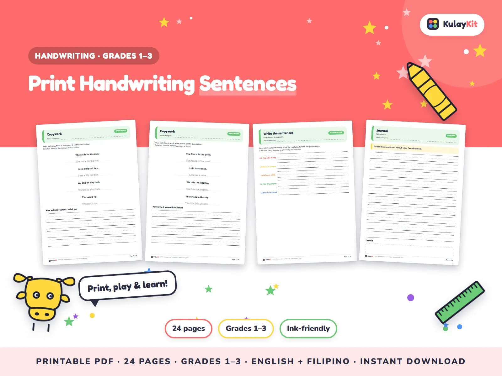 Cover of Print Handwriting Sentences, a printable pack for kids in Grades 1 to 3, showing four of its pages
