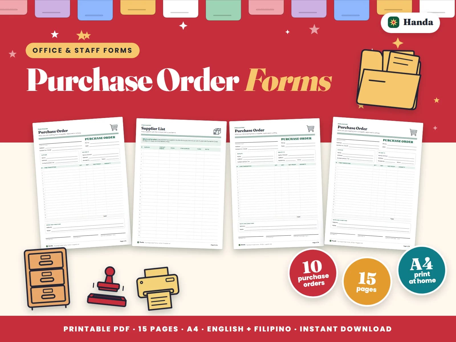 Cover of Purchase Order Forms, a printable forms pack showing four of its pages