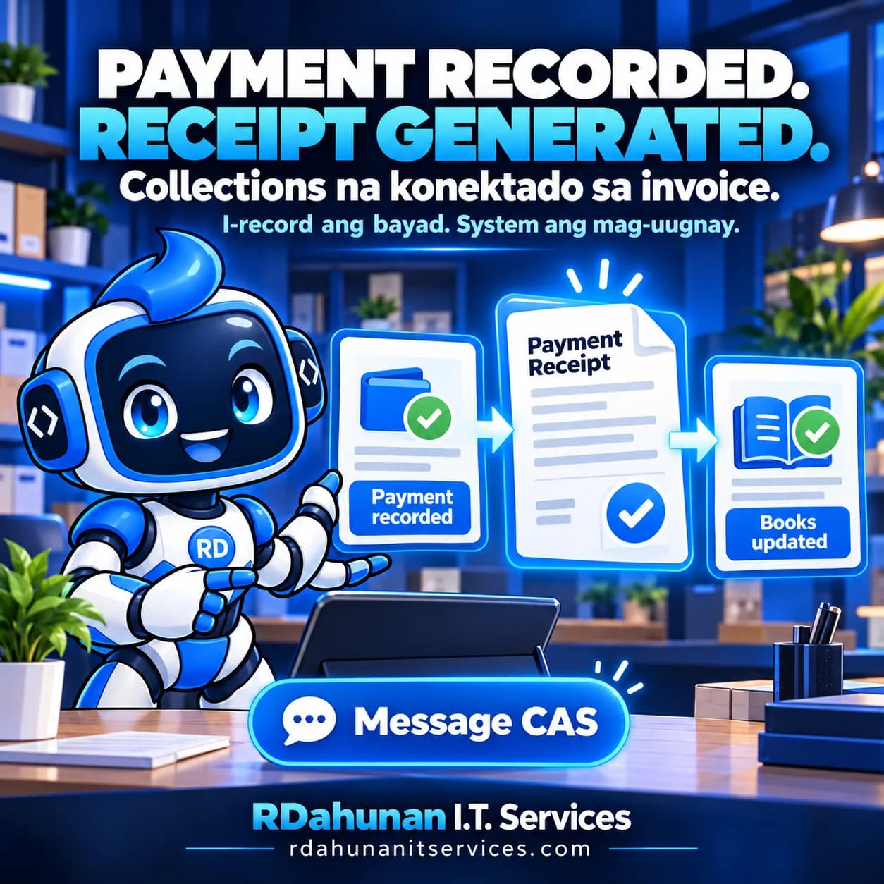 RDee shows a Payment recorded card connected to a Payment Receipt and Books updated card. Headline: Payment recorded. Receipt generated.