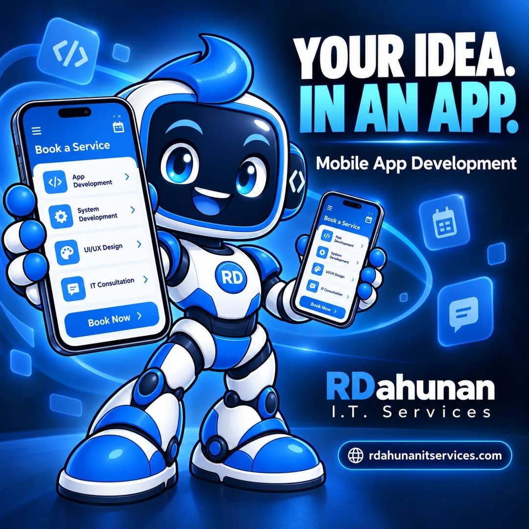 RDee, the blue and white RDahunan robot mascot, introducing mobile apps.