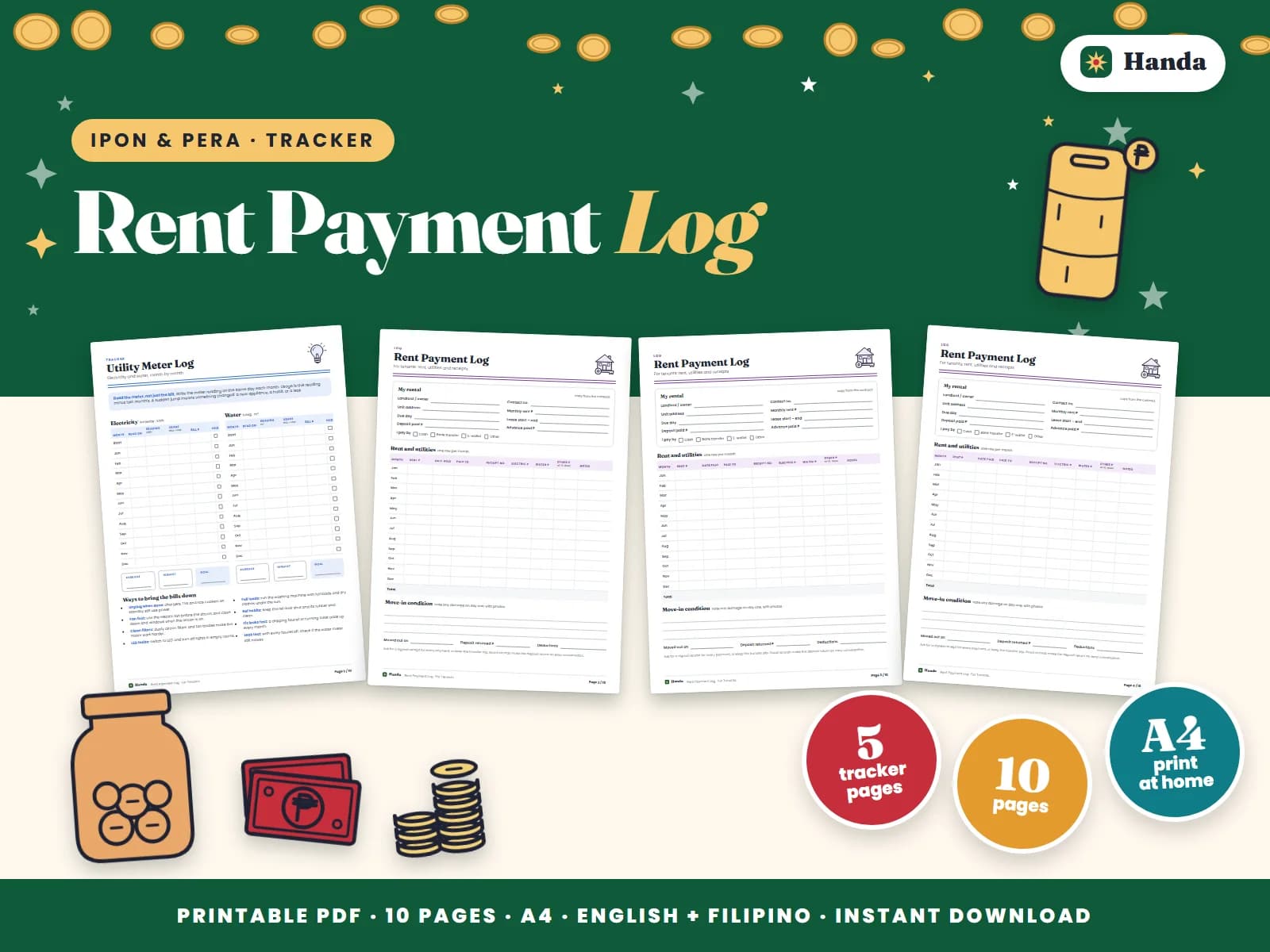 Cover of Rent Payment Log, a printable money tracker showing four of its pages