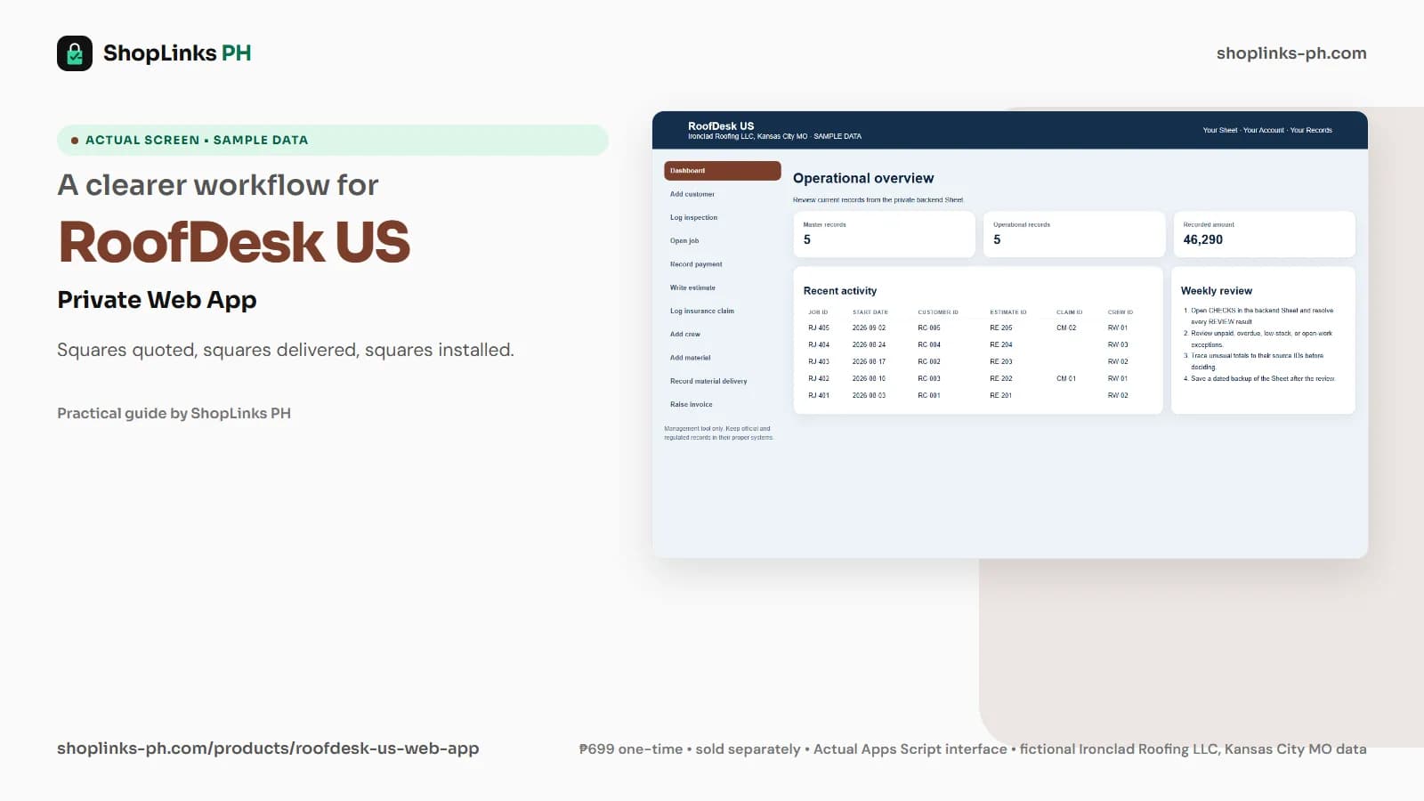 RoofDesk US Private Google Sheets Web App dashboard using fictional sample data