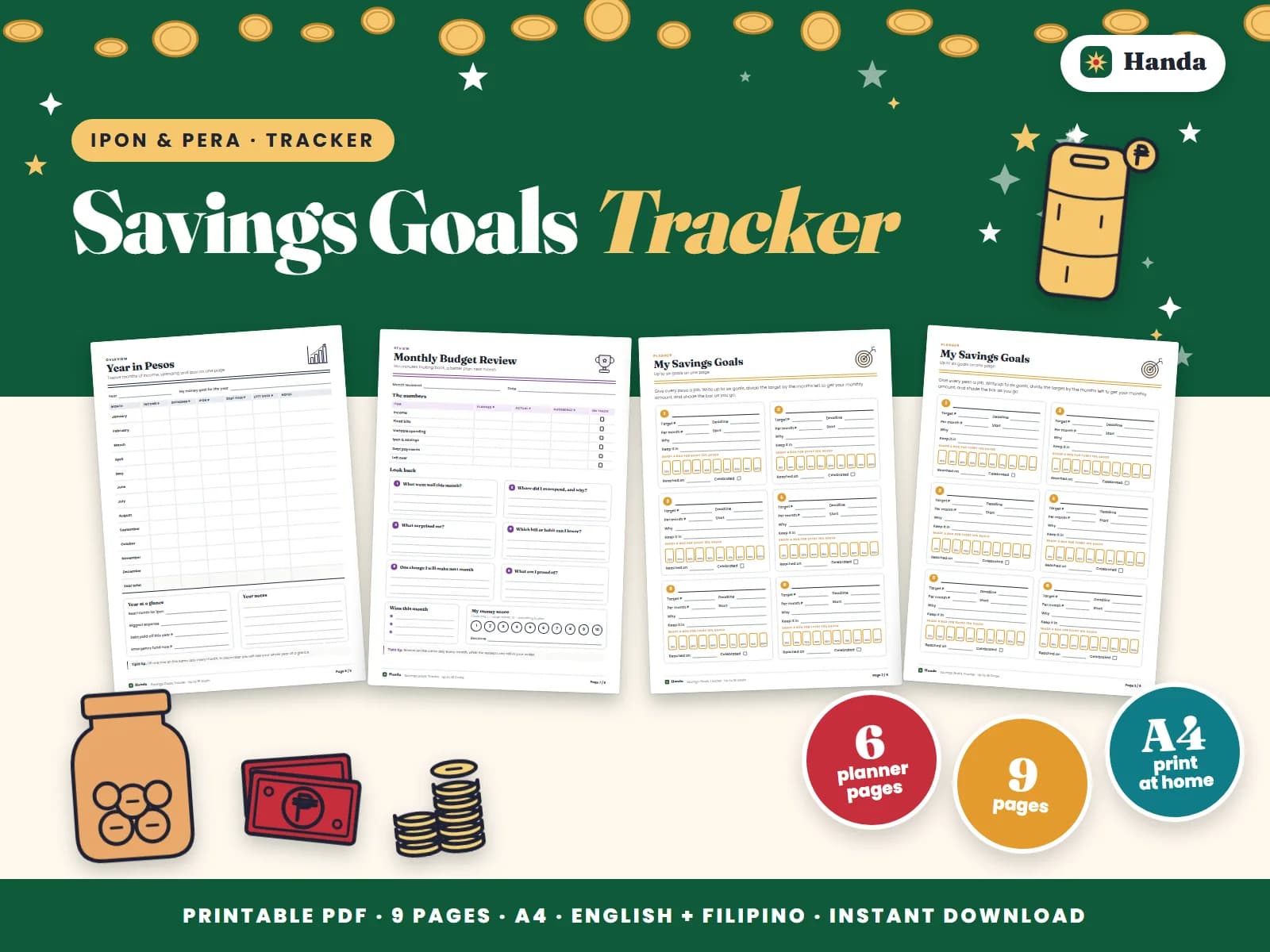 Cover of Savings Goals Tracker, a printable money tracker showing four of its pages