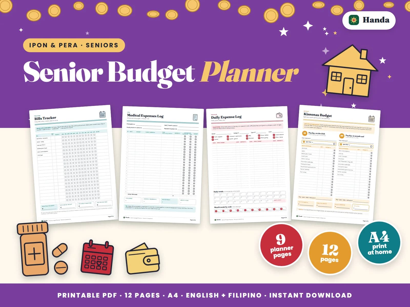 Cover of Senior Budget Planner, a printable budget planner showing four of its pages
