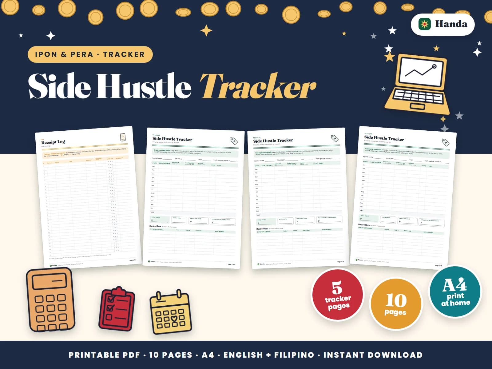 Cover of Side Hustle Tracker, a printable money tracker showing four of its pages