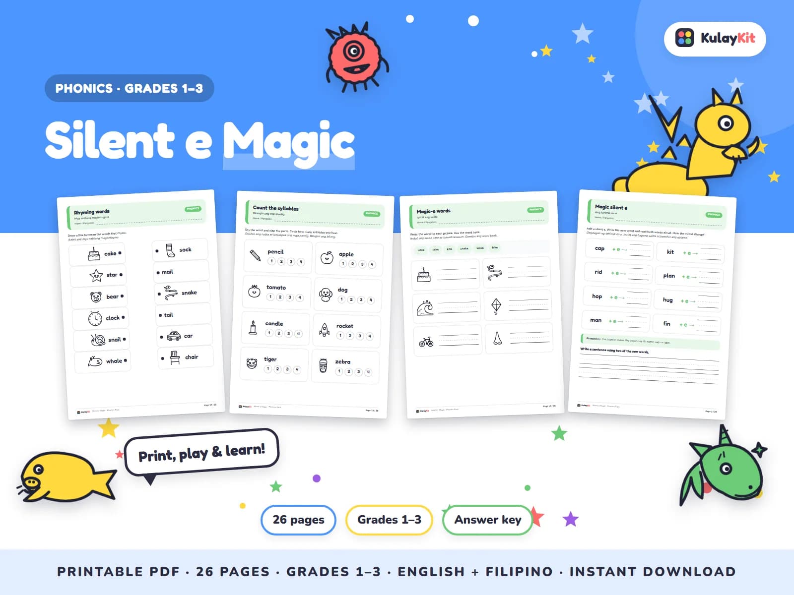 Cover of Silent e Magic, a printable pack for kids in Grades 1 to 3, showing four of its pages