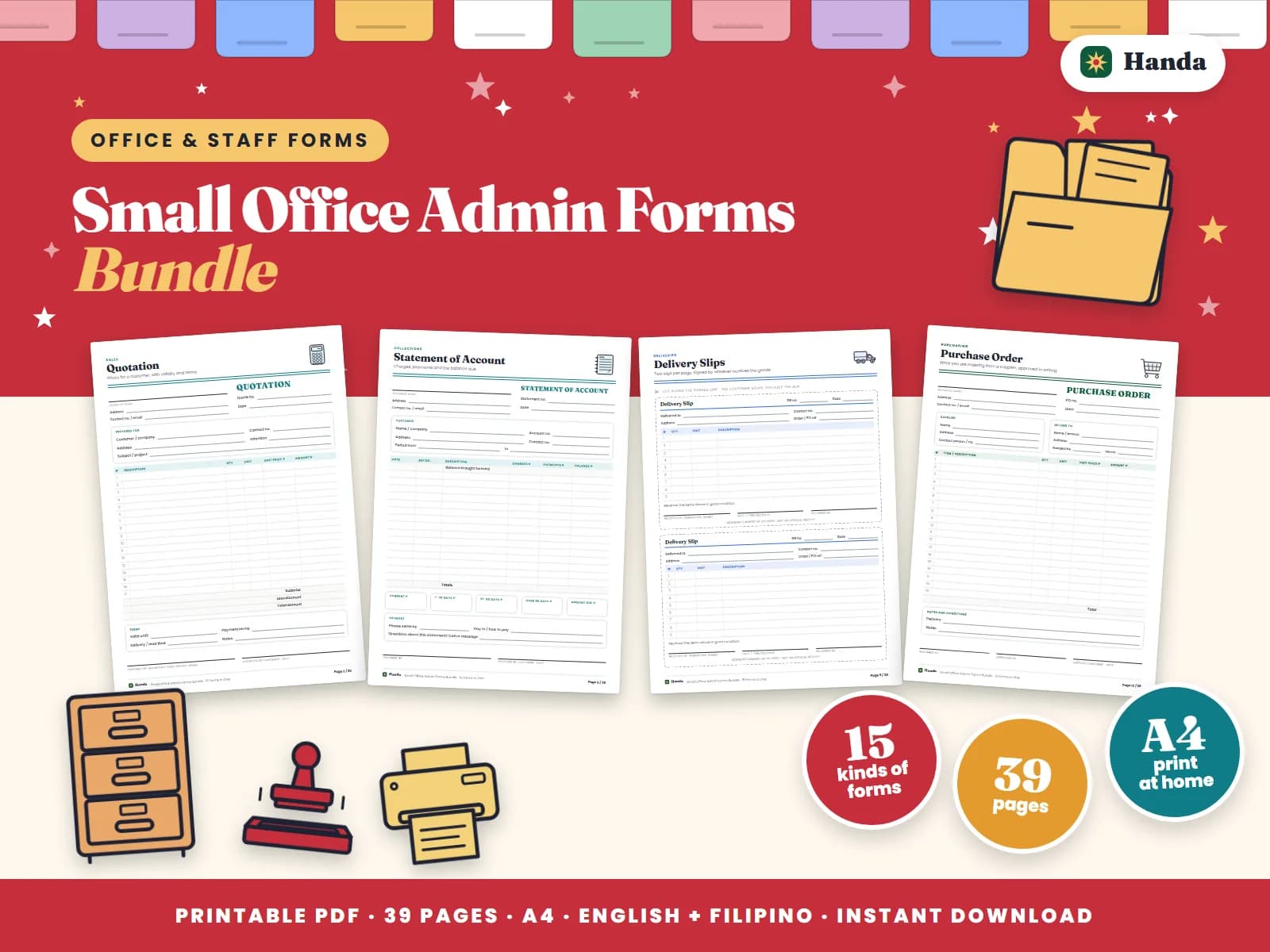 Cover of Small Office Admin Forms Bundle, a printable forms pack showing four of its pages