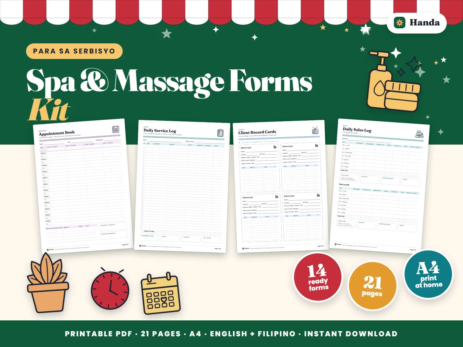 Cover of Spa & Massage Forms Kit, a printable service business forms kit showing four of its pages