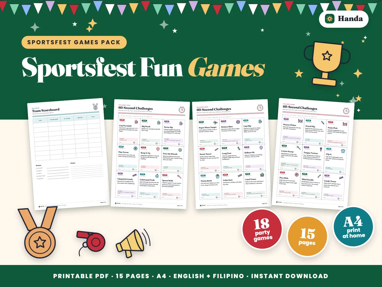 Cover of Sportsfest Fun Games, a printable parlor games pack showing four of its pages