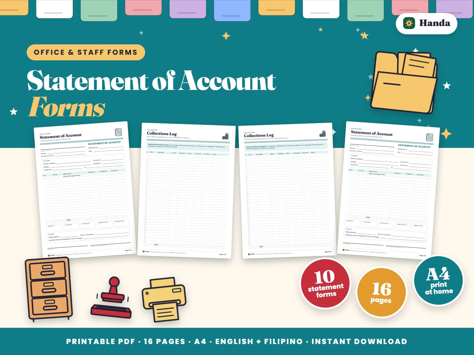Cover of Statement of Account Forms, a printable forms pack showing four of its pages