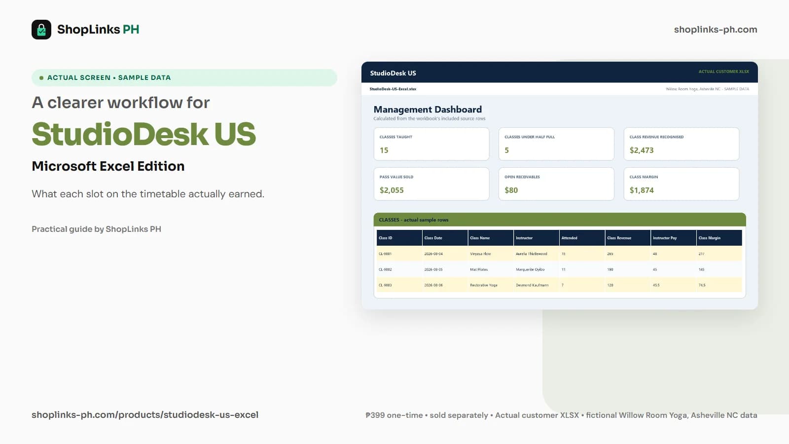 StudioDesk US Microsoft Excel Edition dashboard using fictional sample data