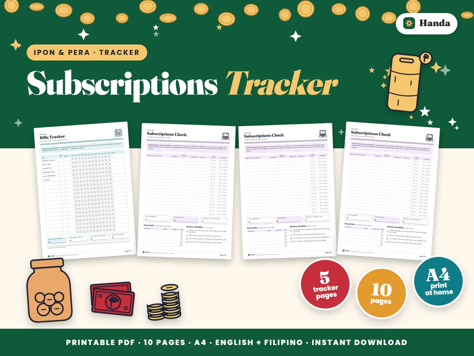 Cover of Subscriptions Tracker, a printable money tracker showing four of its pages