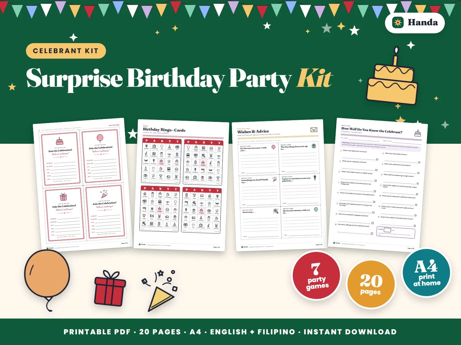 Cover of Surprise Birthday Party Kit, a printable party kit showing four of its pages