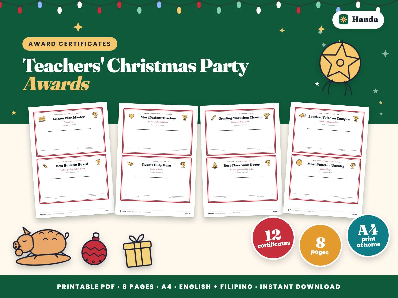 Cover of Teachers' Christmas Party Awards, a printable award certificate set showing four of its pages