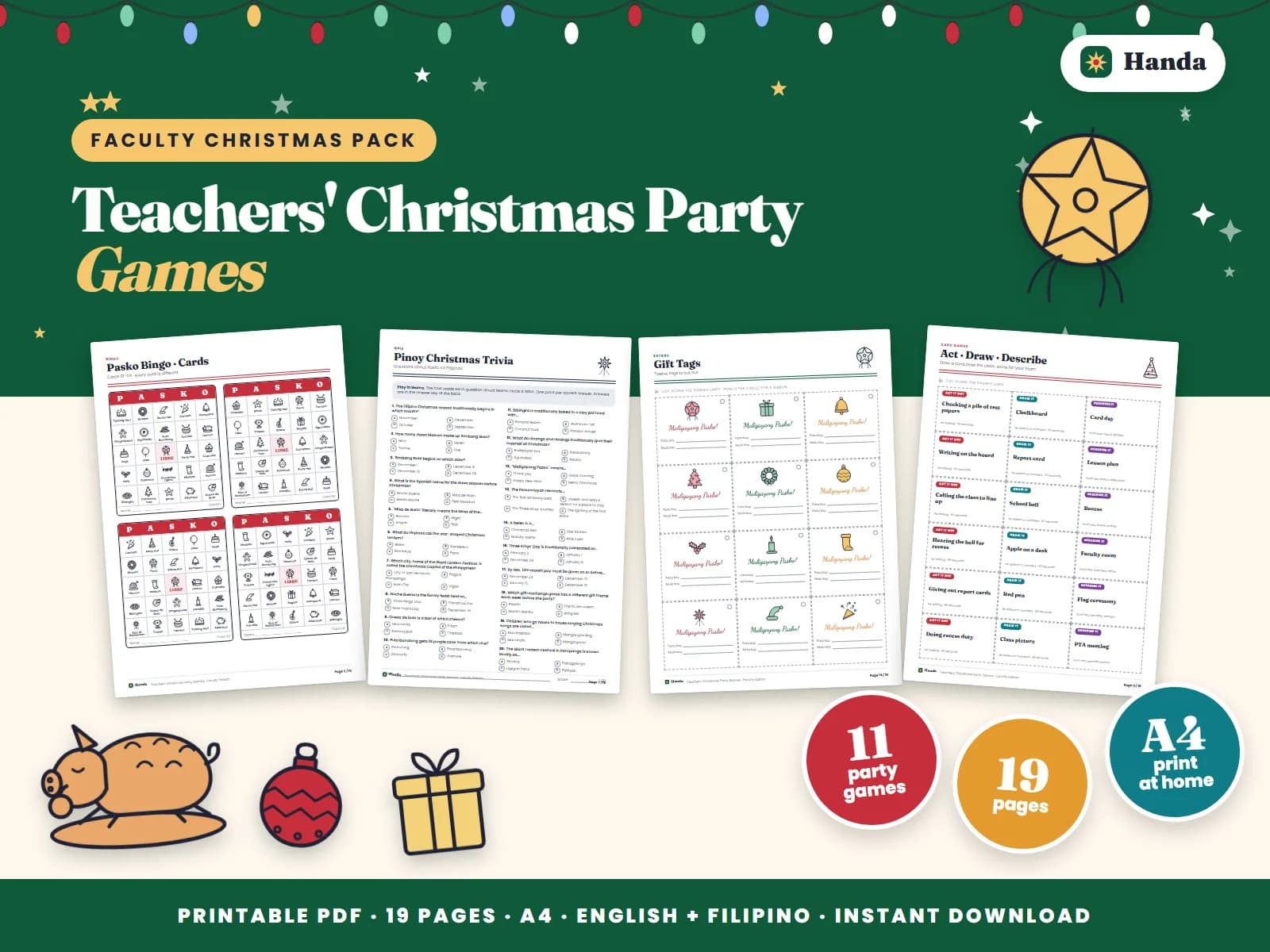 Cover of Teachers' Christmas Party Games, a printable party games pack showing four of its pages